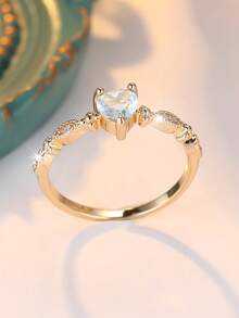 خاتم مطلي بالذهب بشكل قلب من الزركونيا الاصطناعية اللون الأزرق الفاتح، للاستخدام في عيد الحب وحفلات المناسبات والارتداء اليومي، إكسسوار لامع - أزرق فاتح - مشاهدة 5