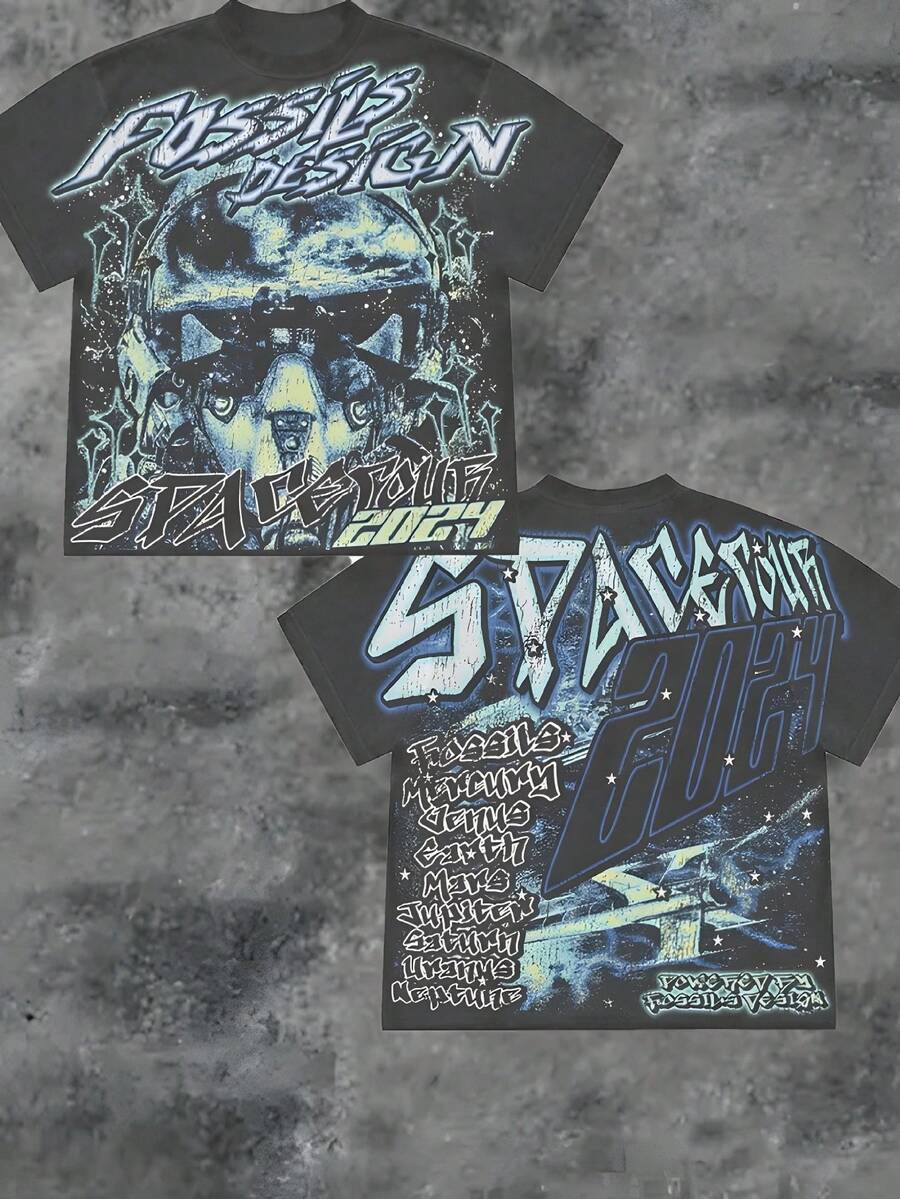 "Y2K Star " Cotton Short-Sleeved T-Shirt: "FOSSILS DESIGN" Star Print On The Front, "SPACE TOUR 2024" Cosmic Theme On The Back, Y2K Retro Style, Pure Cotton Material, Explaining Ad Astra's Attitude. - Black - View 1