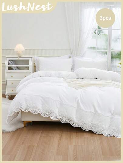 White Bedding Set Girls Lace Duvet Cover Set Shabby Chic Farmhouse Bedding Set 3 Pcs Classic Lace Decor White Comforter Cover Super Soft Breathable Microfiber Duvet Cover For Boys&Girls 1 Duvet Cover With Zipper 2 Pillowcases No Comforter