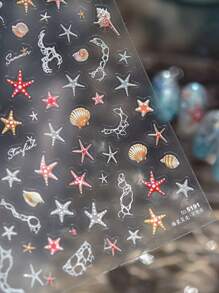 1 张夏日海滩海洋闪光指甲贴纸贝壳海星海螺星星海洋指甲软浮雕装饰指甲贴纸美甲自粘贴花
