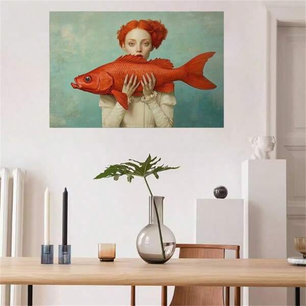 1 Pc Optional Frame Posters Wall Arts Surrealing Red Fish Canvas Poster, Waterproof Art Print, Retro Style Woman Holding Inverted Fish - Perfect For Living Room, Bedroom, Office, Bar Wall Decoration