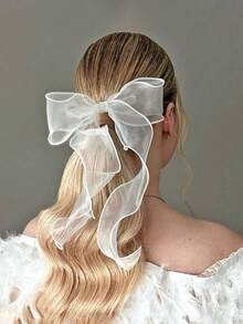 1个新娘面纱发夹，欧根纱蝴蝶结发夹，白色透明蝴蝶结发夹，单只派对发夹，伴娘礼物，女士及女孩婚礼发饰，爪夹，发爪，发夹，发卡，发饰，发卡 - 白色 - 查看 2