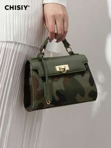 CHISIY 1pc Fashion Camouflage Avant-Garde Style Handbag, Green PU With Brown & Dark Green Color Blocking, Suitable For Business, Casual, Front Twist Lock, With Shoulder Strap, Crossbody Bag, Lightweight & Durable, Retro Charm, Elegant & Unique Style For Women, Versatile For Any Occasion