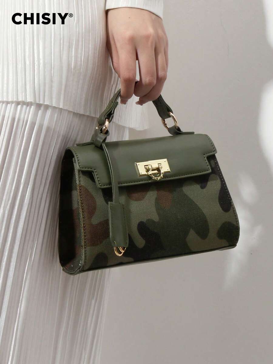 CHISIY 1pc Fashion Camouflage Avant-Garde Style Handbag, Green PU With Brown & Dark Green Color Blocking, Suitable For Business, Casual, Front Twist Lock, With Shoulder Strap, Crossbody Bag, Lightweight & Durable, Retro Charm, Elegant & Unique Style For Women, Versatile For Any Occasion