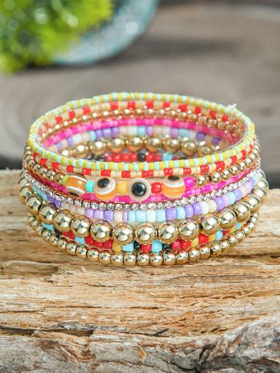 TopHanqi 9 Peças Conjunto de Pulseiras Boêmias Multicamadas Coloridas, Pulseiras de Contas Elásticas com Padrão de Olho Criativo, Adequado para Uso Diário, Festa, Encontro, Fotografia de Rua, Todas as Estações, Versátil
