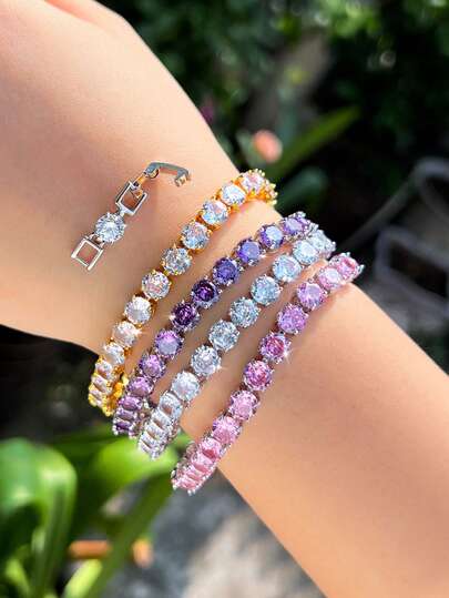 1pc 6mm Round Cubic Zirconia Purple Pink Classic Tennis Chain Bracelet For Women, Engagement, Wedding, Pageant, Bridal Party Jewelry Gift