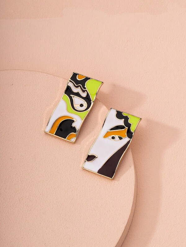 1 Pair Traditional Chinese Opera Facial Mask Enamel Stud Earrings, Fashionable Earrings Suitable For Women's Daily Wear