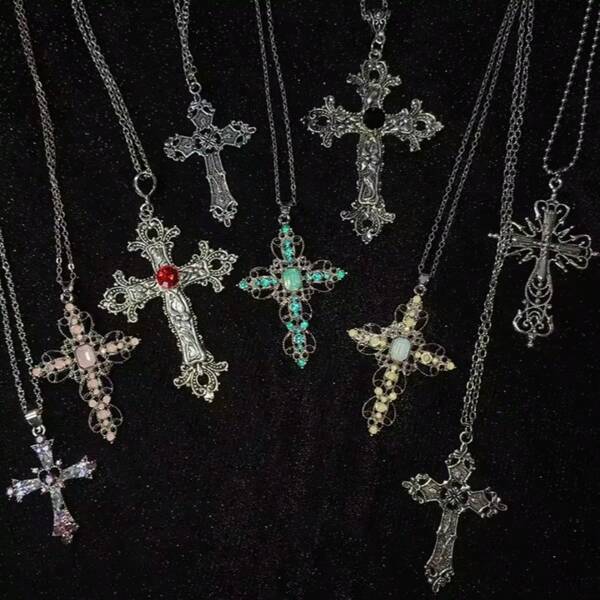 Gothic Big Zirconia Cross Necklace Unisex Y2K Irregular Goth Large Cross Pendant Necklaces For Men Women Couple Necklace Jewelry