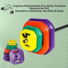 Juego de pesas con barra larga y discos, juego para desarrollo muscular con 8 discos de colores, 1 barra de acero, 2 seguros de seguridad