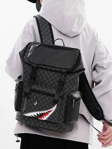 男士背包，复古花卉休闲旅行包，PU皮革翻盖背包，防刮耐用，轻便易携，适合旅行、露营、徒步、上学、大学、青年使用，情人节和返校礼物 - 黑色 - 查看 3