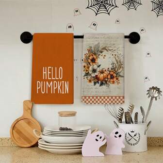 A 2pcs Set Of Autumn Thanksgiving Themed Towels, Designed With Pumpkin And Maple Leaf Wreath Pattern Printed Towels, Machine Washable, Heat-Resistant, Absorbent And Reusable, Suitable For Room Decoration, Kitchen And Bathroom Towels, Party Decoration, Home Decoration, Making It An Ideal Gift For Autumn And Thanksgiving.
