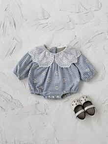 Baby Girl Cute Ditsy Floral Ruffle Collar Bodysuit, Spring/Autumn - Blue - View 8