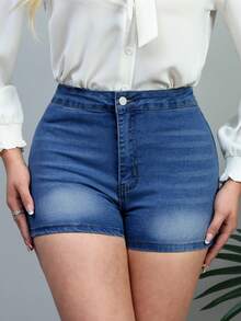 Dark Wash Stretch Denim Shorts With Cuffed Hem For Comfortable Summer Parties And Daily Wear - Biru tua 0002 - View 3