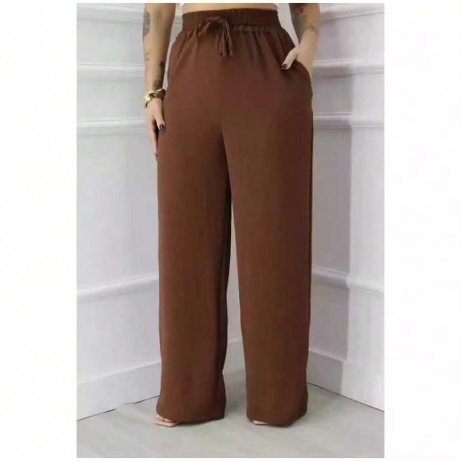 Loose, High-Waisted Palazzo Pants With Dune Fabric, Elastic Waistband And Pocket - 鏽棕色 - 查看 1