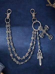 交叉裤链，带龙虾扣吊坠的腰链，钱包链，复古链，双层链，嘻哈朋克风，牛仔裤链，口袋链，男士钥匙链，多元素裤链 - 古銀色 - 查看 2