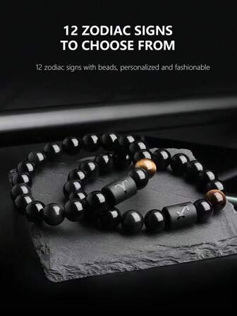 1 件时尚仿黑玛瑙 12 生肖串珠手链，合成虎眼天然石星座手链，男女通用，是送给朋友的理想生日礼物，适合日常、节日、派对佩戴
