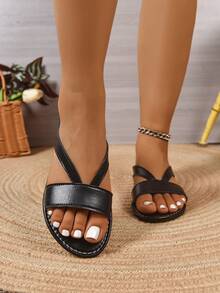 女士宽版平底凉鞋，一脚蹬纯色百搭休闲凉鞋，轻便户外沙滩凉鞋，时尚简约女士凉鞋 - 黑色 - 查看 5