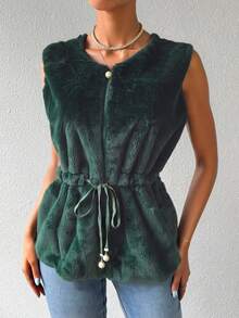 Chaleco de peluche para mujer con cierre de perla y cinturón ajustable , estilo elegante y acolchado de invierno - Verde - Ver 1