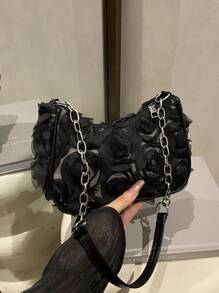 1 件黑色尼龙面料顺滑拉链金属链花卉图案装饰时尚百搭休闲 2025 跨境新款小众单肩手提包，适合女性日常使用