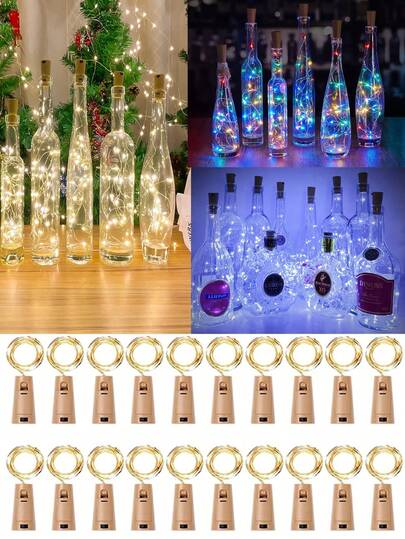 10 Pack Wine Bottle Lights With Cork, 6.6ft 20 LED Battery Operated Cork Lights, Waterproof Silver Wire Mini Fairy Lights For Mason Jars, Parties, Weddings, Christmas, Festivals, Bar Decoration, Halloween Decorations, Wedding Decoration, Room Decor