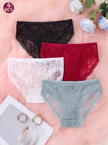 4pcs Women's Lace Low Waist Sexy Panties, High Elastic Breathable Skin-Friendly, Full Coverage Triangle Brief, Suitable For All Seasons - Multicolor - View 2
