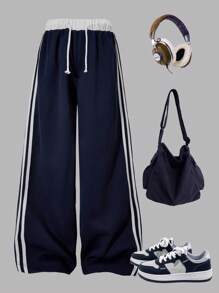 Tween Girls' Drawstring Waist Side Stripe Wide Leg Casual Sports Pants