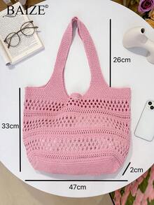 ENBEI 女士时尚优雅手提包，假日沙滩包，粉色包，镂空针织沙滩包简约钩针包爱心休闲镂空图案钩针包假日风格适合少女大学生非常适合大学、户外、旅行、郊游、休闲度假、沙滩包、单肩包、手提包，非常适合海滩度假、购物和度假必需品，与女士假日服装完美搭配 - 粉色 - 查看 10