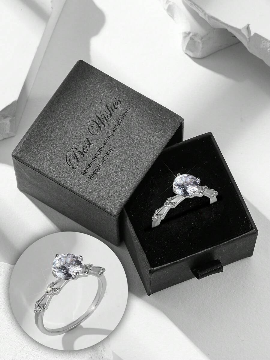礼盒套装简约优雅方晶锆石戒指，铜镀白金仿钻戒指适合女性订婚、结婚、节日礼物