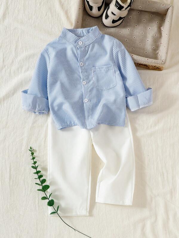 2pcs/Set Toddler Boys' Mandarin Collar Striped Faux Shirt With Pockets And White Casual Pants, Vacation & School Style