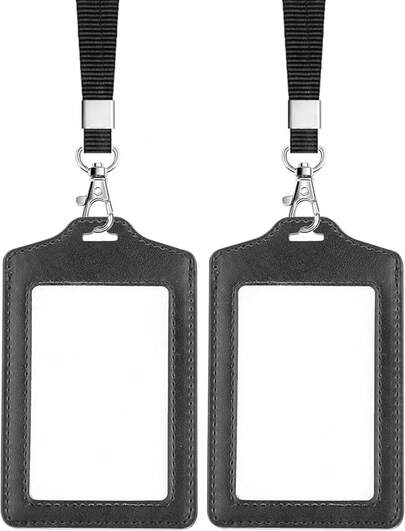2 Pack Double Sided Badge Holder With Lanyard, PU Leather ID Badge Name Card Holder With Stainless Steel J-Hook Nylon Lanyard Work, School, Metro, Access, Blackgoods