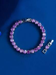 1pc 6mm Round Cubic Zirconia Purple Pink Classic Tennis Chain Bracelet For Women, Engagement, Wedding, Pageant, Bridal Party Jewelry Gift - Luxury Design - View 10