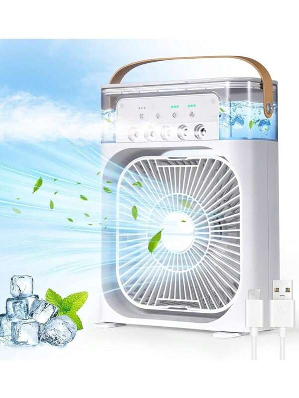 Ventilador de aire acondicionado portátil Mini enfriador de aire evaporativo con luz LED de 7 colores, temporizador de 1/2/3 h, 3 velocidades de viento y 3 modos de rociado para oficina, hogar y dormitorio