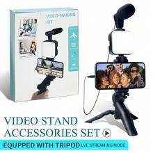 适用于 和 Android 的便携式三脚架视频博客套件、手机支架、LED 灯、迷你枪式麦克风、电池供电设计（不含电池）、用于视频通话和视频博客的户外直播套件、用于视频/旅行录制的视频制作套件、Vlog、适用于智能手机、相机、自拍灯、方形补光灯、手机支架