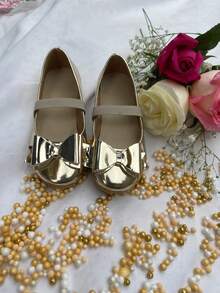 Chicas zapato plano iridiscentes con lazo y cinta elástica para niñas – Estilo moderno y brillante ideal para fiestas, eventos o uso diario, antiderrapantes. - Dorado - Ver 5