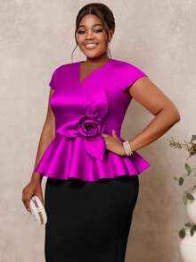 Plus Size Women's 3D Floral Shiny V-Neck Ruffle Hem Short Sleeve Blouse, Party Wear - 玫紅 - 查看 3