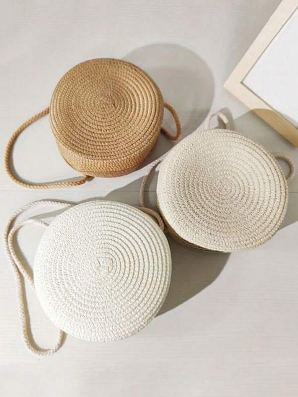 Round Straw Bag Women Woven Beach Crossbody Bag For Ladies Children Cute Shoulder Rattan Handmade Knitted Bag Small Handbag Fashion Shell Shape Straw Bag Rattan Woven Handbag Handmade Straw Handbag Summer Beach Bag Shoulder Bags Coin Purse 1pc