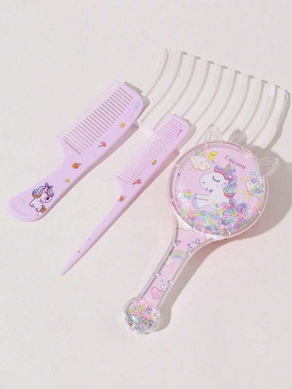Zestaw 3 grzebieni fryzjerskich dla dziewcząt, grzebień z drobnymi zębami i spiczastym ogonem, wzór jednorożca i zwierząt