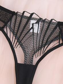 EverydayBra 女士黑色刺绣贝壳形网纱性感内衣套装，半透明镂空网纱性感迷人日常内衣两件套，女士文胸，适合所有季节 - 黑色 - 查看 5