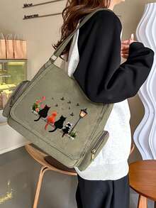 Túi đeo vai dung tích lớn, túi đeo chéo cổ điển có nắp, túi đeo chéo họa tiết 4 chú mèo ngồi trên bàn đá, phù hợp cho nhiều dịp như mua sắm, du lịch, ăn uống, quà tặng hoàn hảo cho người yêu thú cưng - xanh quân đội - Xem 6