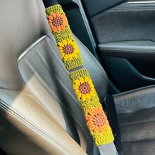 onEternal Handmade Crochet Olive Green Sunflower Steering Wheel Cover And Seatbelt Cover Car Decor Set