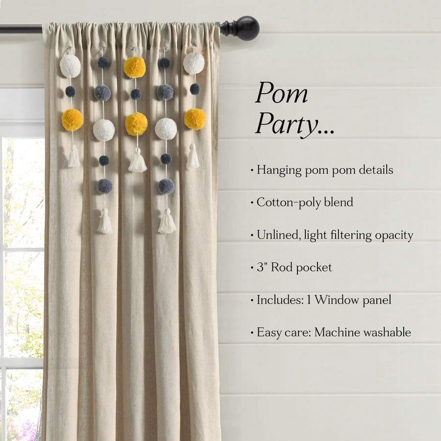 LUSH DECOR Boho Pom Pom Tassel Linen Window Curtain Panel Navy Single 52X84 Halloween-Fall Decor-Room Decor - Yellow/Gray - View 1