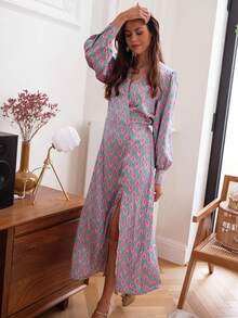 Women's Elegant Satin-Like Siamese Pattern Allover Print Long Sleeve Dress - All-Over Elegant High Slit To Thigh Front Button Closure, Suitable For Daily Dates, Parties, Vacations, Afternoon Tea, And Formal Occasions