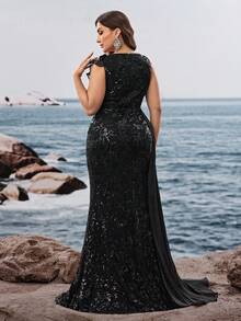 Vestido de noche de lentejuelas con volantes de sirena formal de BluePlum, vestido de fiesta elegante de longitud hasta el piso con cuello en V para damas, vestido de gala vintage con bordados y parches brillantes, vestido de boda modesto y elegante sin mangas para invitados