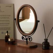 Vintage Bedroom Vanity Mirror, Solid Wood Makeup Mirror, Tabletop Wooden Chinese Style Rotating Dressing Mirror