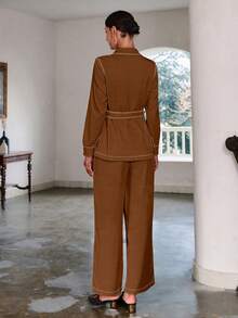 Sollinarry 女士秋季新款缝线口袋装饰长袖上衣和裤子休闲两件套，复古风格，适合教师 - 深卡其色 - 查看 5