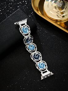 1 pieza Nuevo brazalete de reloj inteligente de mujer con pintura de aceite creativa, banda elástica de metal plateado compatible con correa de Ultra 2 de 49 mm, 45 mm, 44 mm, 38 mm, 40 mm, 41 mm, 42 mm, 46 mm, moda de lujo con geometría asimétrica para señoras y niñas, pulsera compatible con Apple Watch Series Ultra/SE/10/9/8/7/6/5/4/3/2/1, accesorio de correa de reloj de moda, regalo ideal para amigos, familiares, adecuado para exteriores, viajes, fiestas - Azul - Ver 4