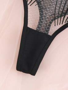 EverydayBra 女士黑色刺绣贝壳形网纱性感内衣套装，半透明镂空网纱性感迷人日常内衣两件套，女士文胸，适合所有季节 - 黑色 - 查看 4