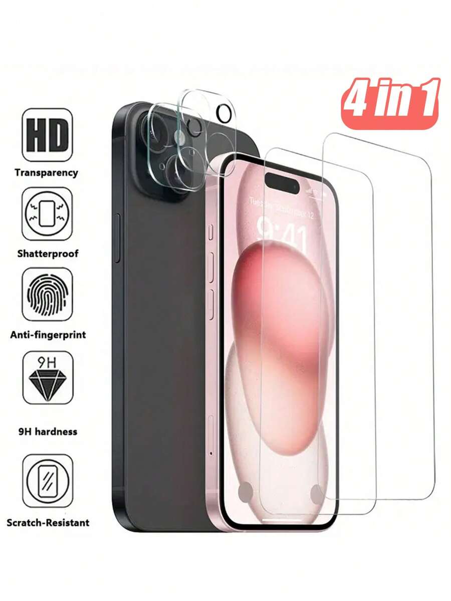 Juego de 4 en 1 - 2 protectores de pantalla de vidrio templado 9H + 2 protectores de lente de cámara, anti-arañazos, alta definición, cobertura completa, compatible con iPhone 16 Pro Max/16/16 Pro/16 Plus/15 Pro Max/15 Pro/15 Plus/15/14 Pro Max/14 Pro/14 Plus/14/13/12/11 Pro Max, protección diaria esencial, accesorio de oficina y hogar, a prueba de agua, a prueba de golpes, anti-caída, anti-huellas