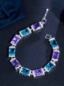 1 件精美镀银 CZ 紫色和蓝色方晶锆石方形网球串珠链式手链，适合新娘、珠宝、新娘、婚礼、派对、舞会、女士、女友、圣诞礼物 - 藍色 - 查看 5