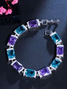 1 件精美镀银 CZ 紫色和蓝色方晶锆石方形网球串珠链式手链，适合新娘、珠宝、新娘、婚礼、派对、舞会、女士、女友、圣诞礼物 - 藍色 - 查看 7